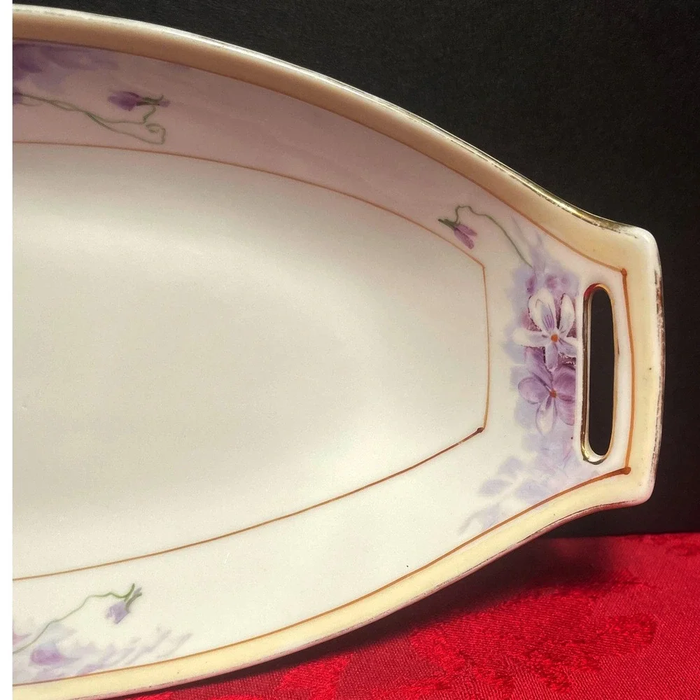Antique Nippon Porcelain Celery Dish 1930s Purple Floral Oblong Made in Japan